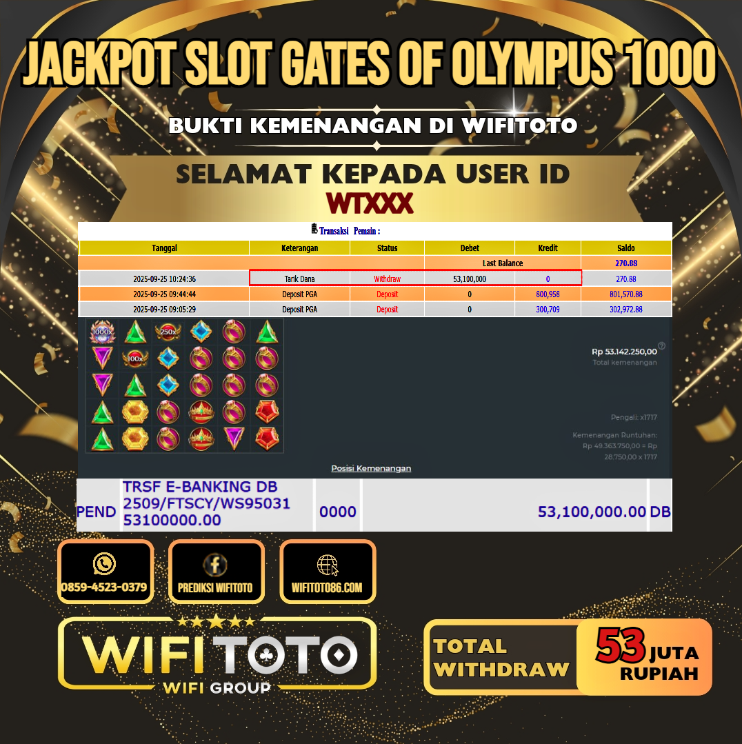 WIFITOTO JACKPOT SLOT GATES OF OLYMPUS 1000 RP.53.000.000.,-LUNAS USER ID : WT***