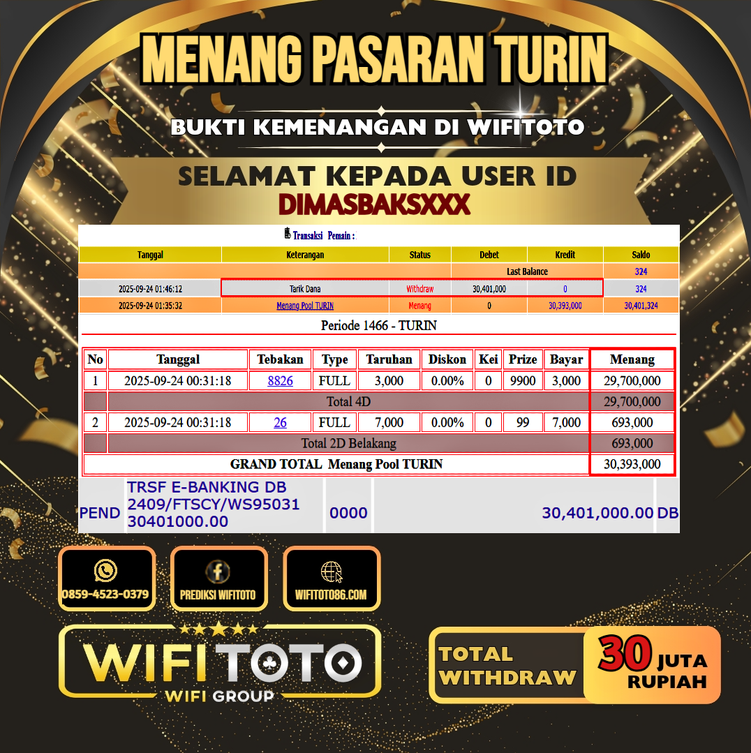 WIFITOTO JACKPOT TOGEL PASARAN TURIN RP.30.000.000.,-LUNAS USER ID : DIMASBAKS***