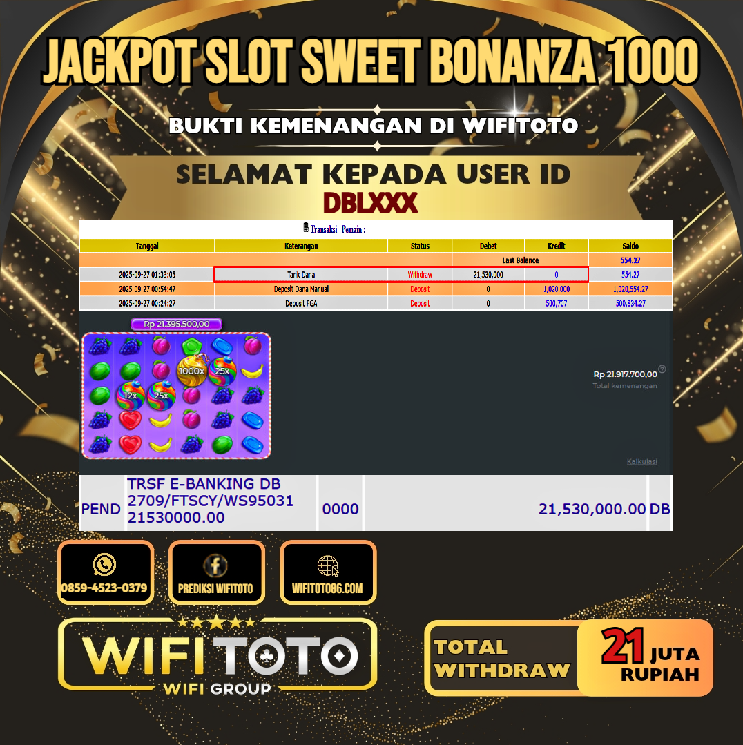 WIFITOTO JACKPOT SLOT SWEET BONANZA 1000 RP.21.000.000.,-LUNAS USER ID : DBL***