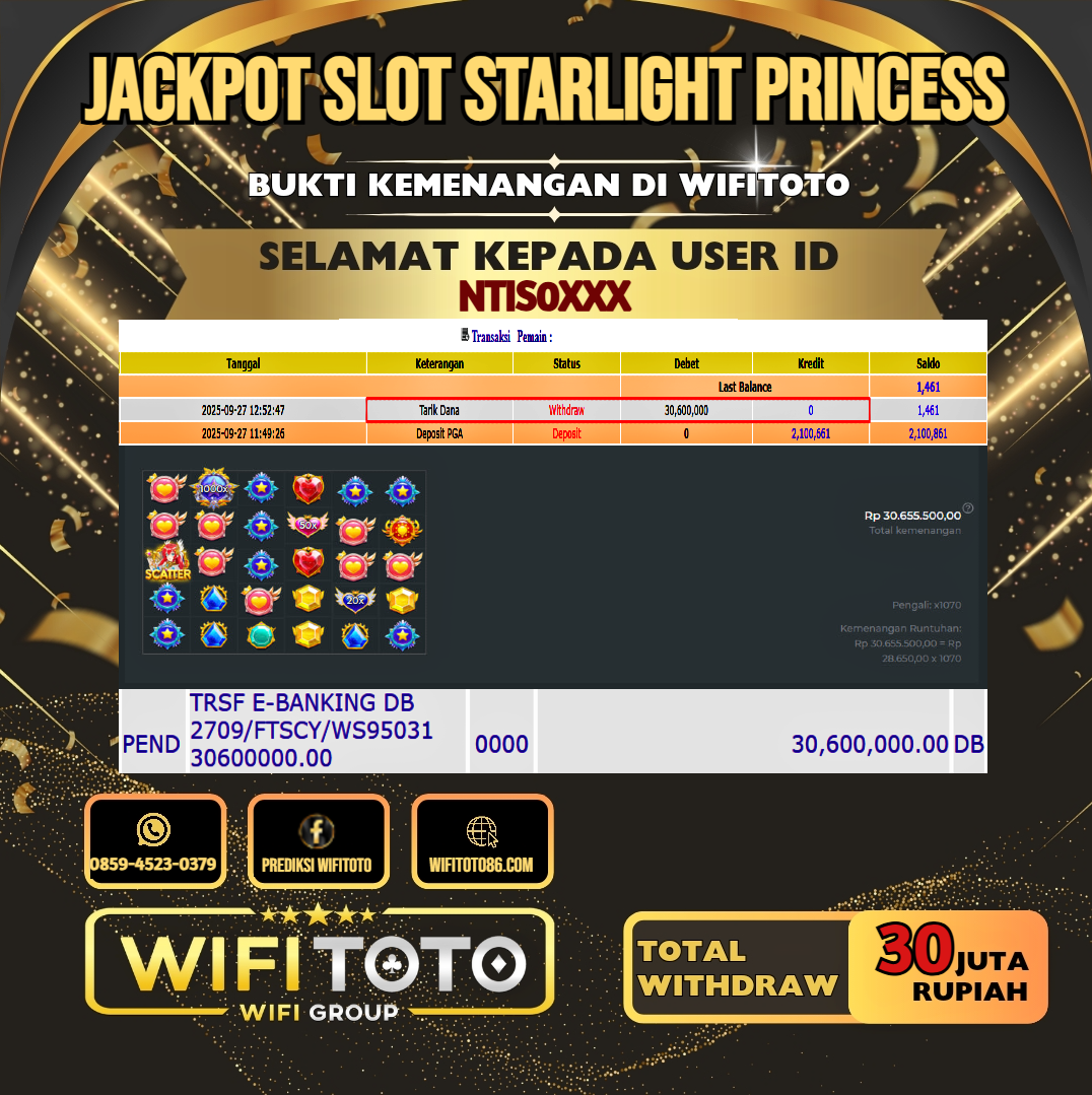 WIFITOTO JACKPOT SLOT STARLIGHT PRINCESS RP.30.000.000.,-LUNAS USER ID : NTIS0***