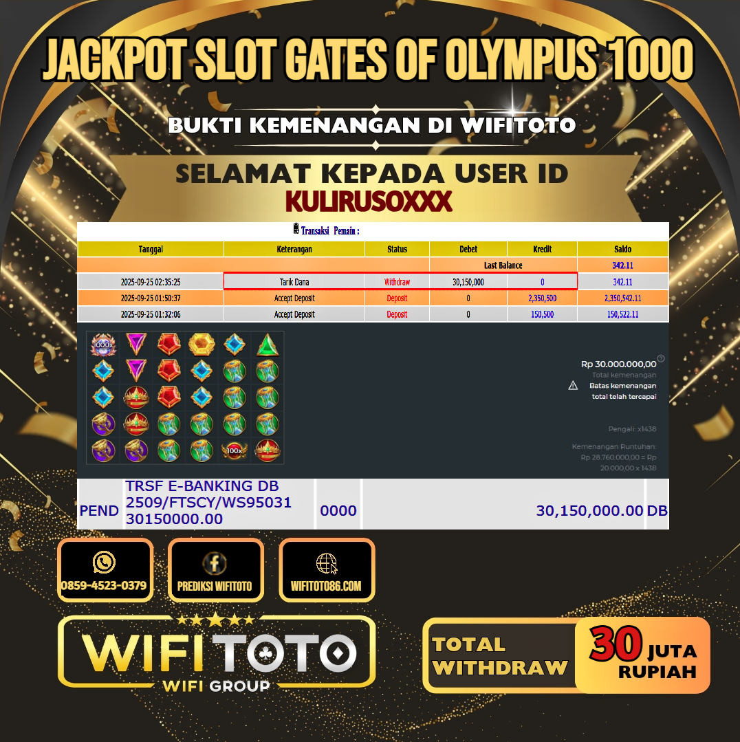 WIFITOTO JACKPOT SLOT GATES OF OLYMPUS 1000 RP.30.000.000.,-LUNAS USER ID : KULIRUSO***