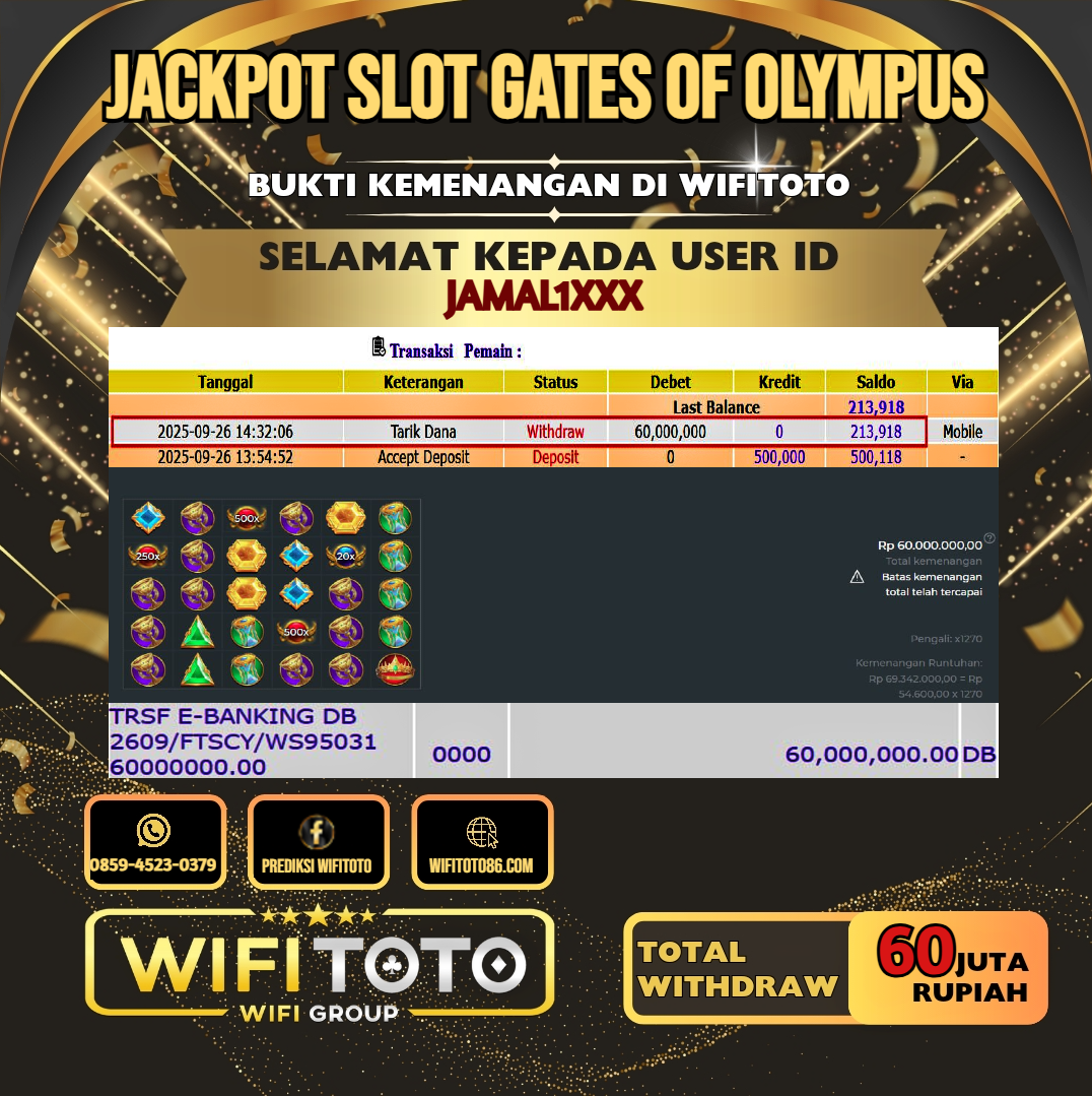 WIFITOTO JACKPOT SLOT GATES OF OLYMPUS RP.60.000.000.,-LUNAS USER ID : JAMAL1***