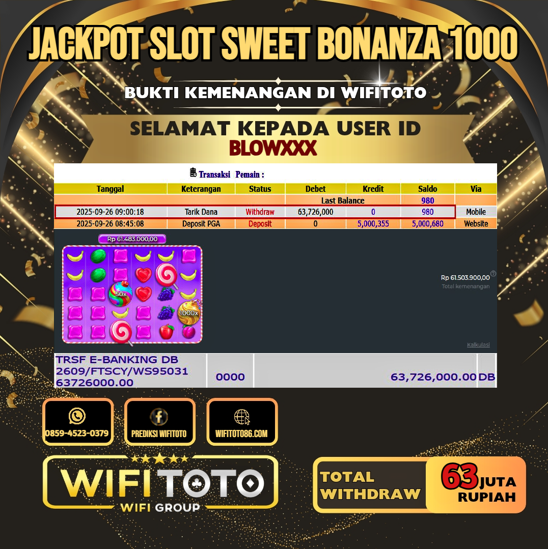 WIFITOTO JACKPOT SLOT SWEET BONANZA 1000 RP.63.000.000.,-LUNAS USER ID : BLOW***