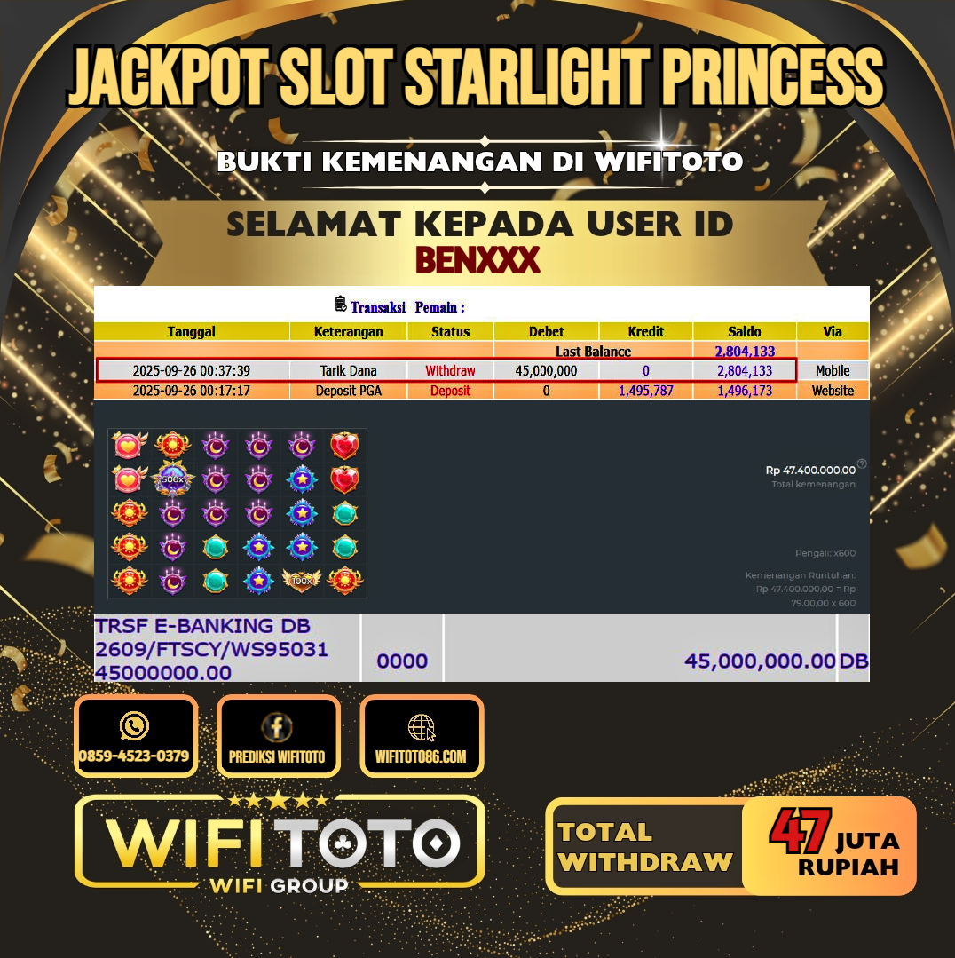 WIFITOTO JACKPOT SLOT STARLIGHT PRINCESS RP.47.000.000.,-LUNAS USER ID : BEN***
