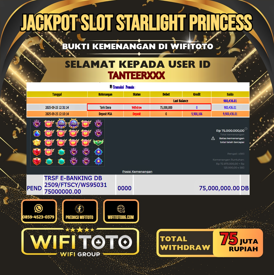WIFITOTO JACKPOT SLOT STARLIGHT PRINCESS RP.75.000.000.,-LUNAS USER ID : TANTEER***